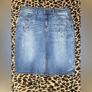 EUC Vintage Bling Pearl Rhinestone Pencil Knee Lnegth Denim Jeans a Skirt Y2K